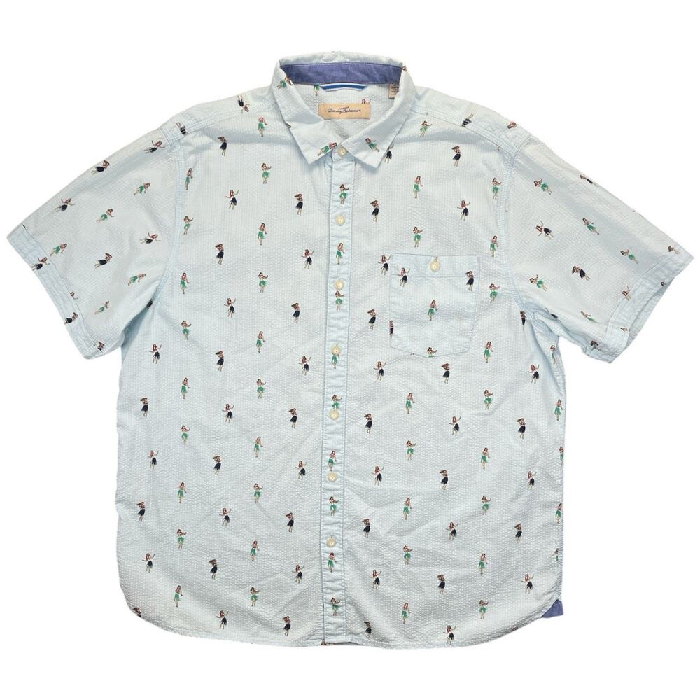 Tommy Bahama Hula Girl Shirt Mens XL Blue Seersucker Embroidered Tropical Aloha